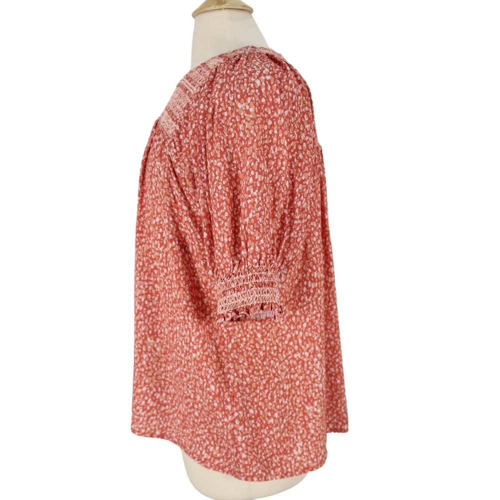 NWOT DOLAN Rebecca Blouse Size M Smocked Orange Polka Dots Short Puff sleeve - Picture 5 of 13